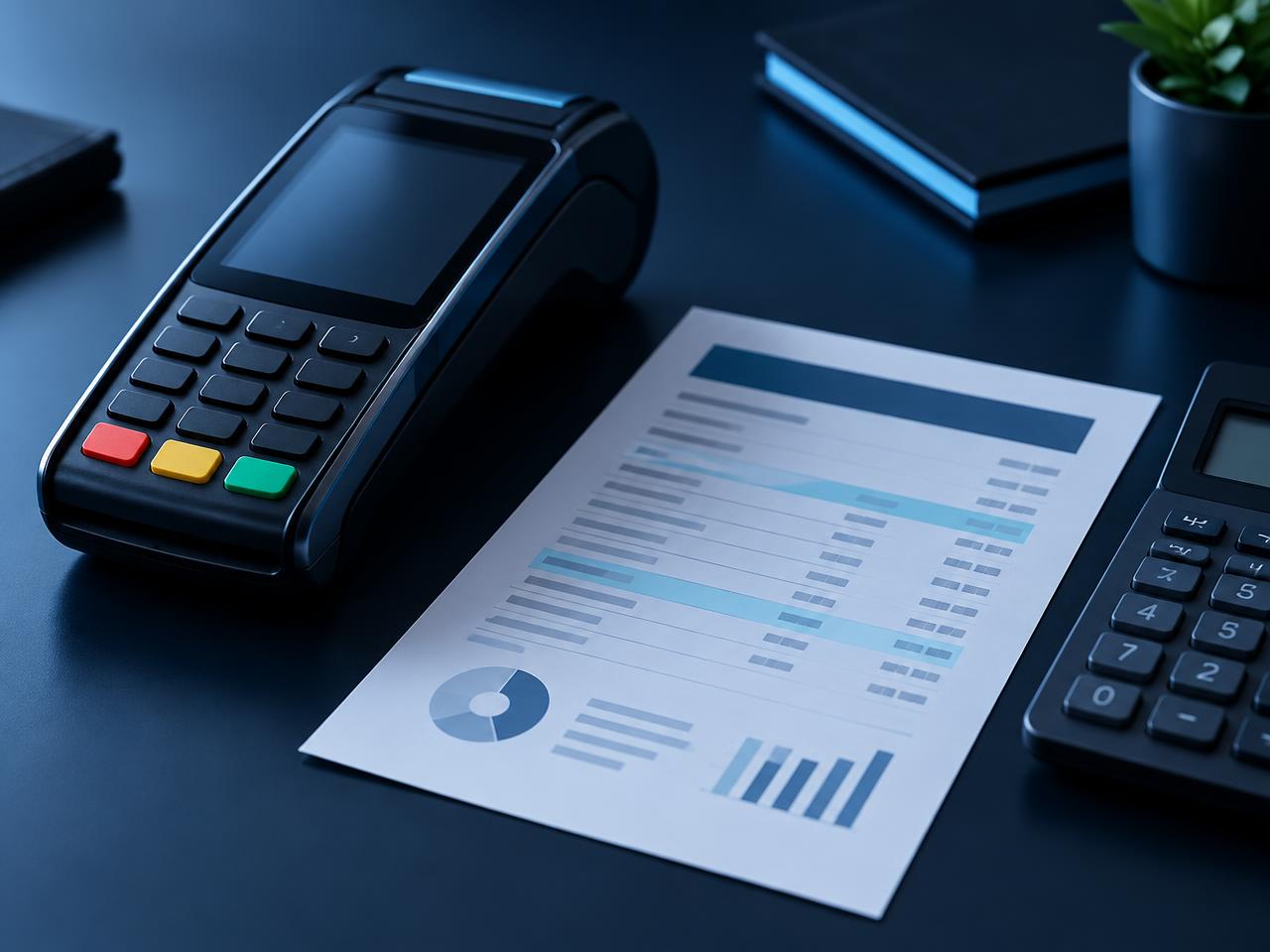 Card terminal beside a merchant processing statement and calculator